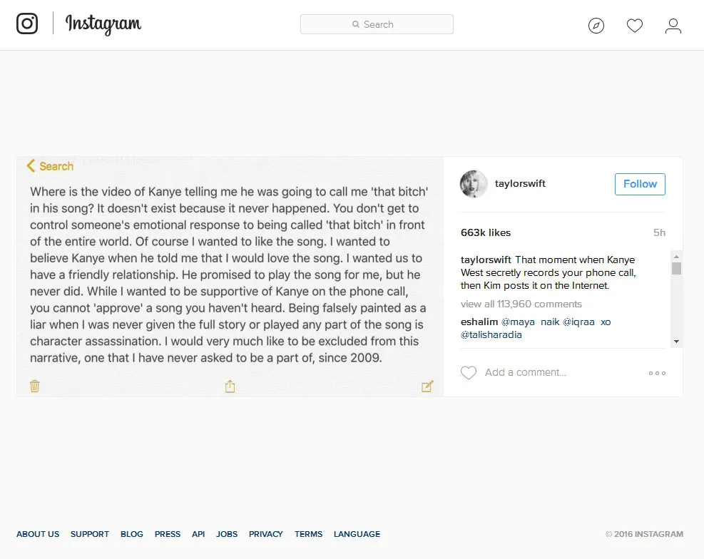 Tidak pernah menyebut setuju dengan lirik Kanye West, Taylor Swift merespon pernyataan Kim Kardashian © instagram.com/taylorswift