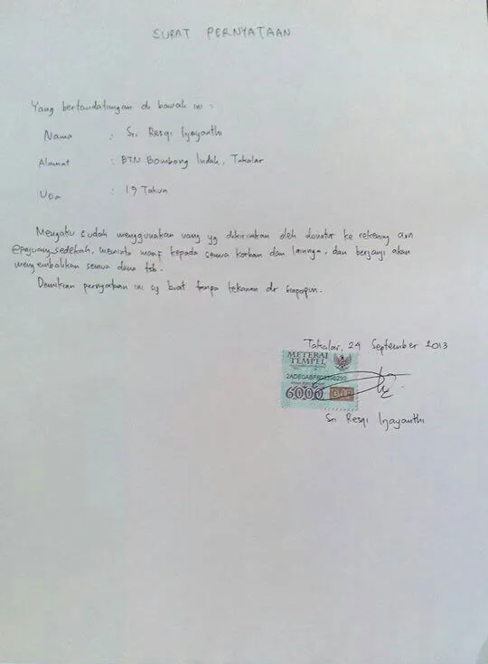 Surat Pernyataan Resqy foto: @djasmia