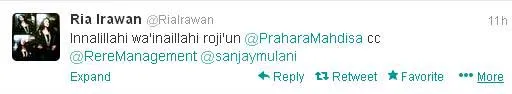 Ucapan duka cita Ria Irawan @twitter.