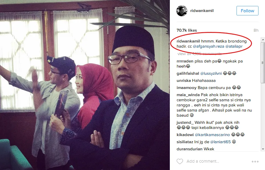 Postingan Ridwan Kamil sang istri sedang selfie dengan Afgan. ©instagram.com/ridwankamil