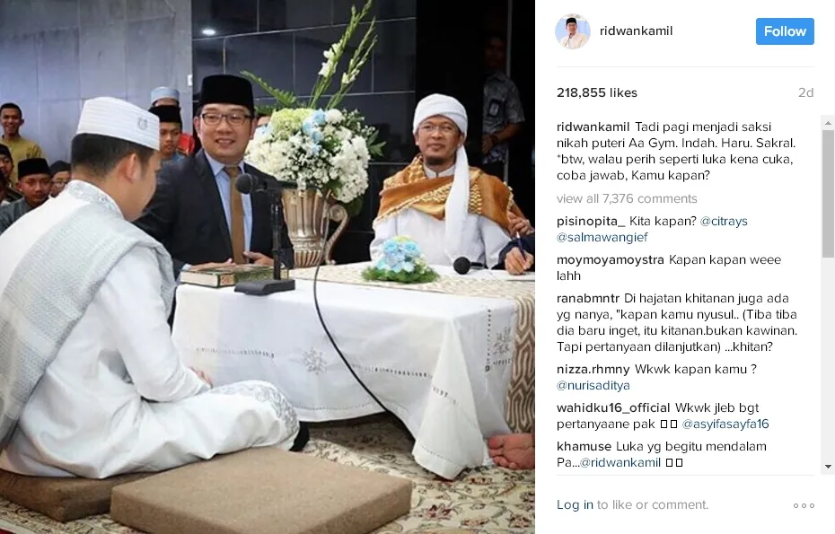 Ridwan Kamil menyindir status single followers-nya saat menjadi saksi dalam pernikahan putri ketiga AA Gym © Instagram.com/RidwanKamil