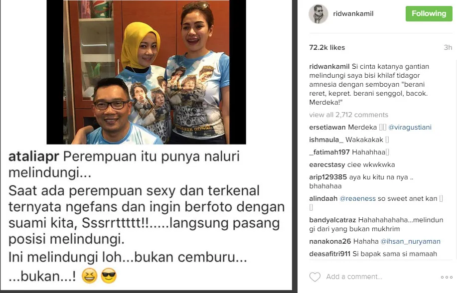 Ridwan Kamil tak masalah dengan aksi 'melindungi' yang dilakukan oleh sang istri © Instagram.com/ridwankamil