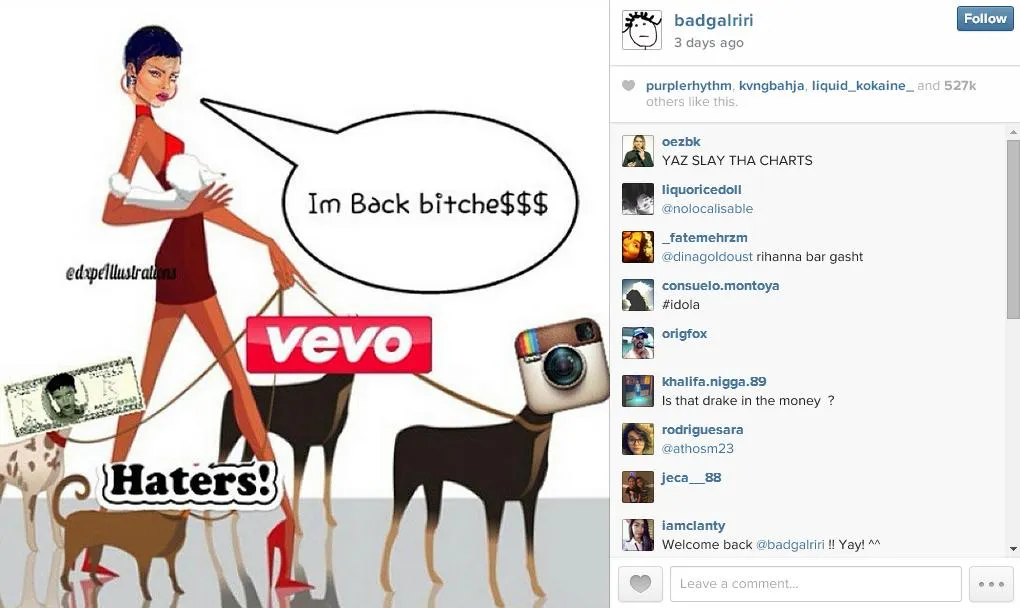 Salah satu ungkapan bahagia Rihanna setelah Instagram-nya kembali bisa diakses @ instagram.com/badgalriri
