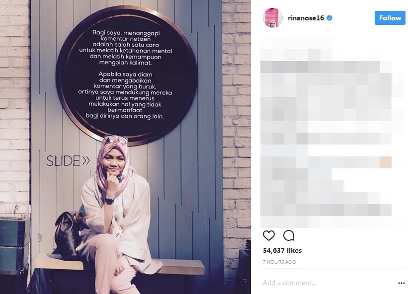 Rina banyak belajar dari pengalamannya dengan haters ©instagram/rinanose16