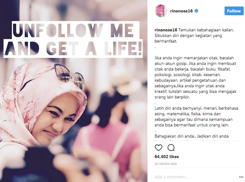 Rina Nose minta netizen unfollow akunnya ©instagram/rinanose16