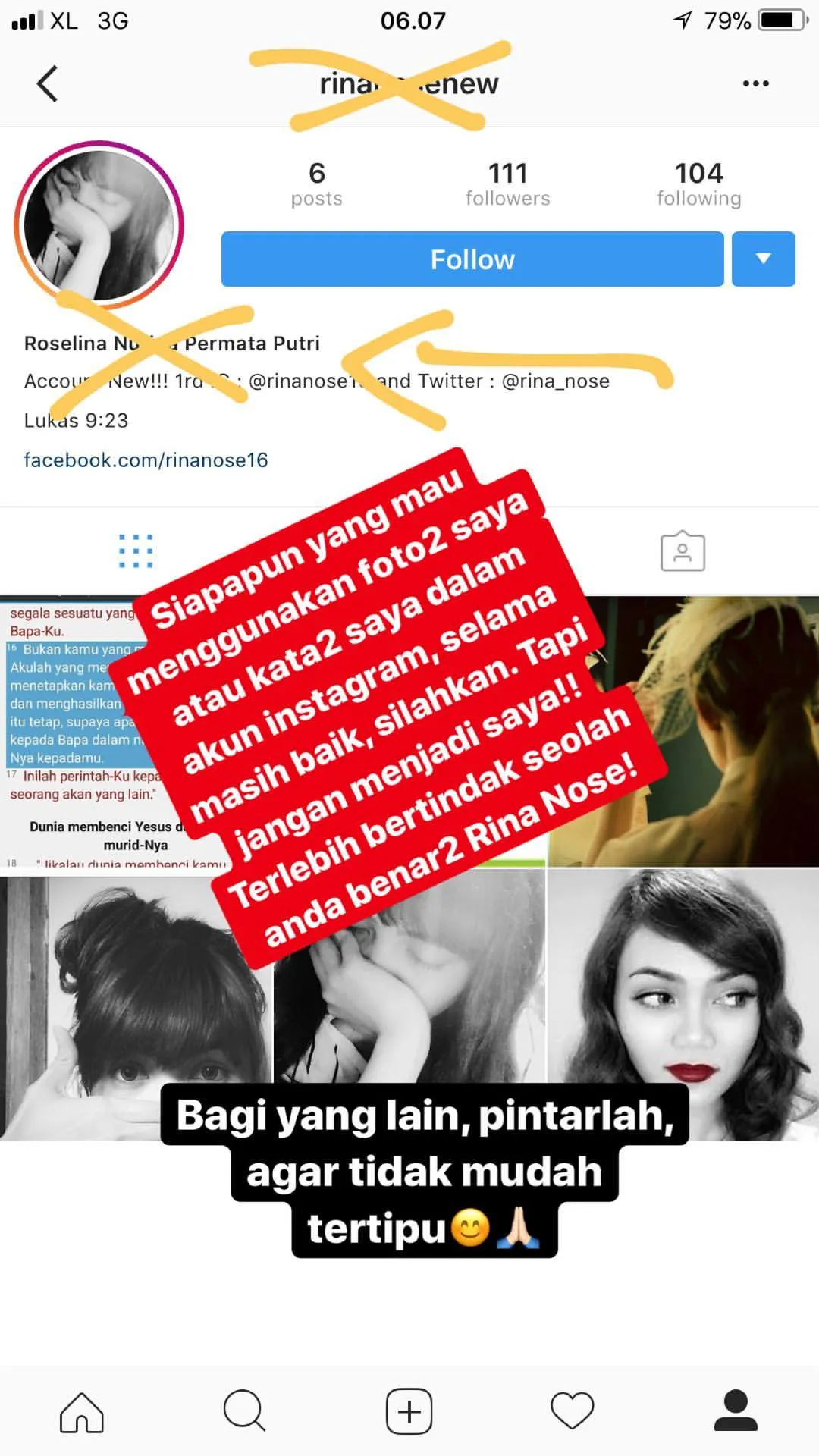Rina Nose memberi klarifikasi jika ia tak membuat akun Instagram baru. © Instagram/rinanose16