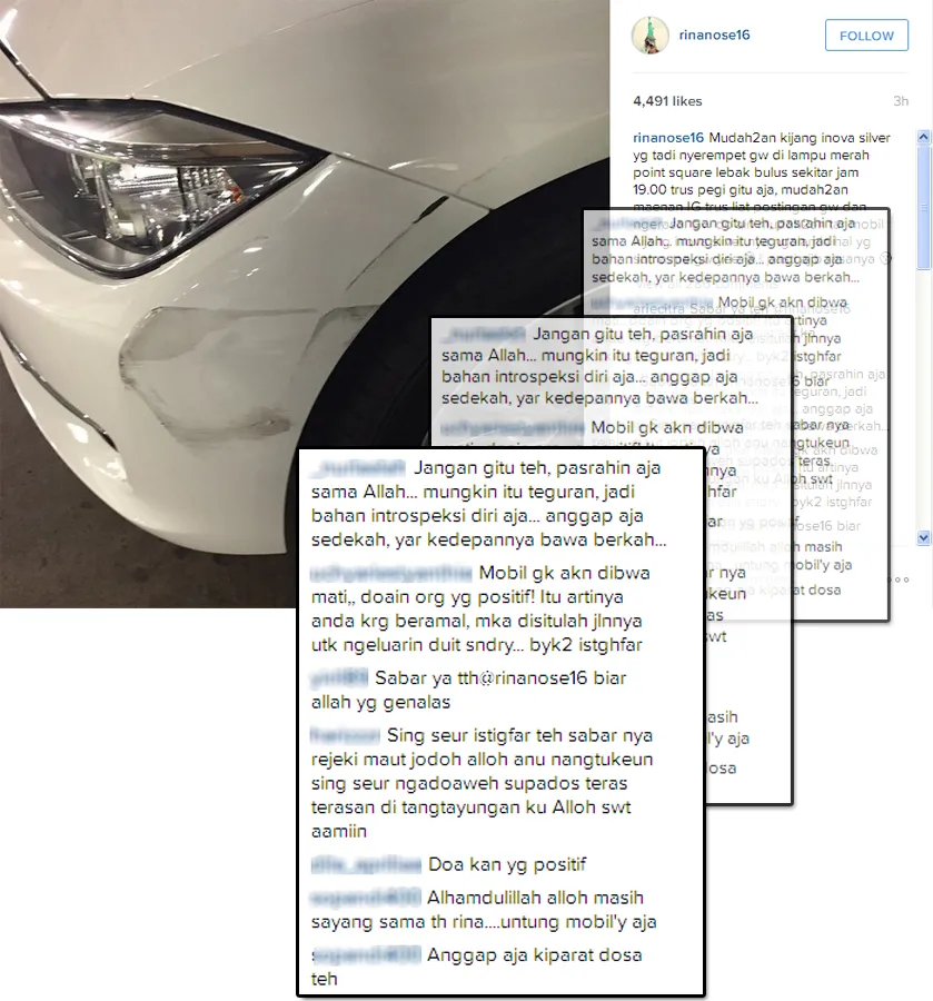 Kondisi mobil Rina pasca diserempet / © Instagram