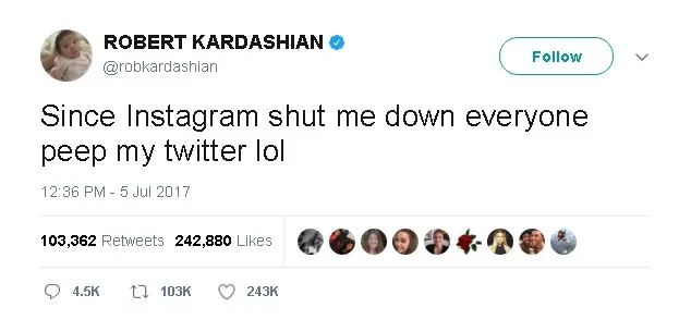 Rob Kardashian mengaku akunnya di-block Instagram © twitter.com/robkardashian