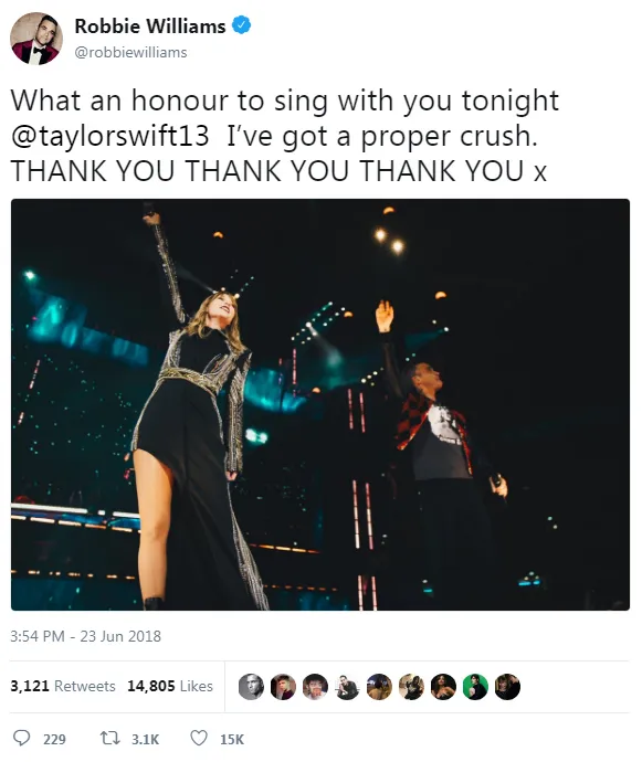 Robbie Williams ucapkan terima kasih untuk kesempatan tampil di konser Taylor Swift © twitter.com/robbiewilliams