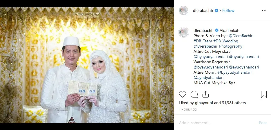 Roger Danuarta dan Cut Meyriska resmi menikah. (credit: instagram.com/dierabachir)