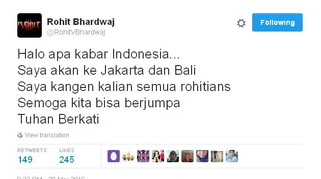 Rohit Bhardwaj bakal balik ke Indonesia lho! © Twitter.com/RohitVBhardwaj