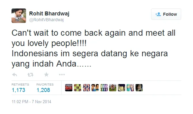 Rohit akan datang lagi ke Indonesia. @twitter.com/rohitvbhardwaj