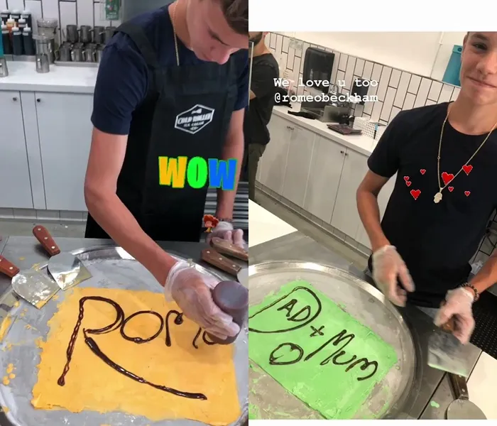 Romeo membuat dua ice cream, seneng banget nih kayaknya. (instagram: @davidbeckham @victoriabeckham)