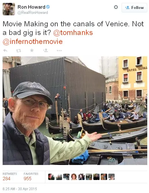 Resmi Italia, Ron Howard menunjukkan kanal air di kota Venice ©Twitter