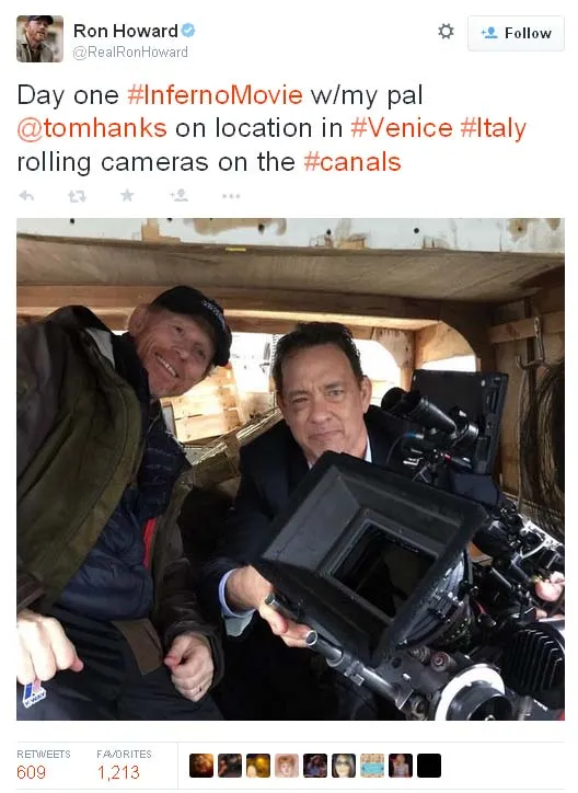 Tom Hanks saat melakukan syuting sekuel ketiga DA VINCI CODE: Inferno ©Twitter