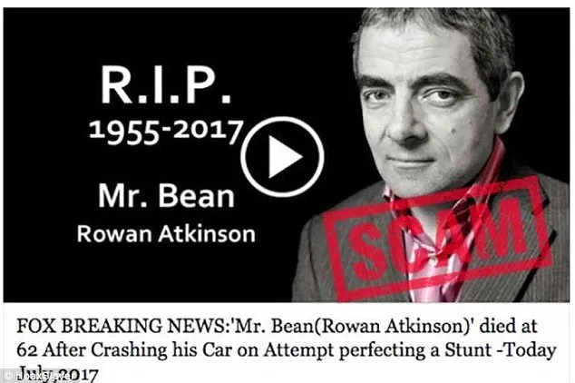 Inilah hasil screenshot postingan hoax tentang kematian Rowan Atkinson © HoaxSlayer via dailymail.co.uk