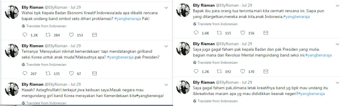 Elly Risman menuduh Girls Generation simbol seks dan pelacuran. ©Twitter/@ellyrisman