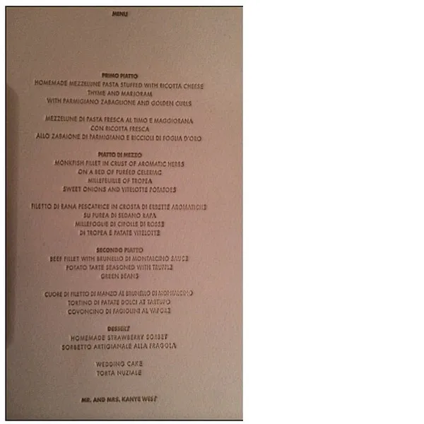 Menu makanan yang disajikan di pernikahan Kim Kardashian - Kanye West @Tracey Mills Instagram/ eonlinenews.com