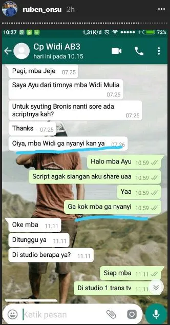 Bukti chat manager Widi dengan tim kreatif Brownis ©instagram/ruben_onsu