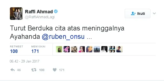 Raffi Ahmad berbela sungkawa atas meninggalnya ayah Ruben © Twitter.com/raffiahmadlagi