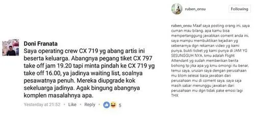 Ruben Onsu vs kru pesawat yang berkomentar di ig. 姆stimewa