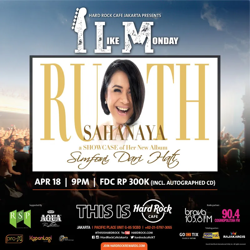 Siap-siap, Ruth Sahanaya bakal menggelar Showcase Simfoni Dari Hati pada hari Senin mendatang! © Hard Rock Cafe Jakarta