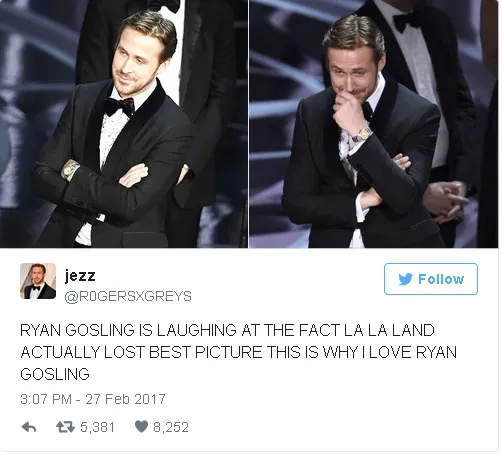 Ekspresi Ryan Gosling ramai dibicarakan di Twitter © Twitter.com