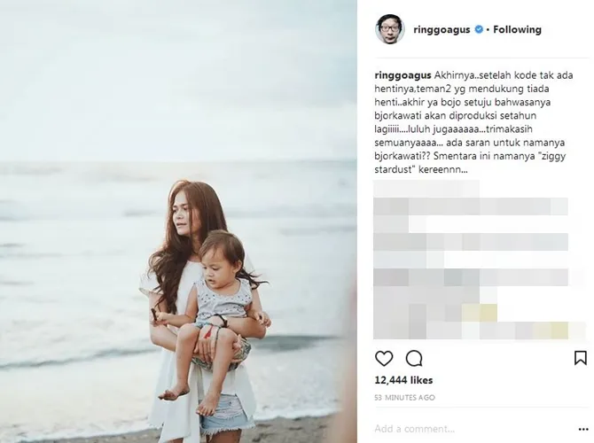 Ucapan rasa syukur Ringgo atas persetujuan istrinya menambah momongan. © Instagram/ringgoagus
