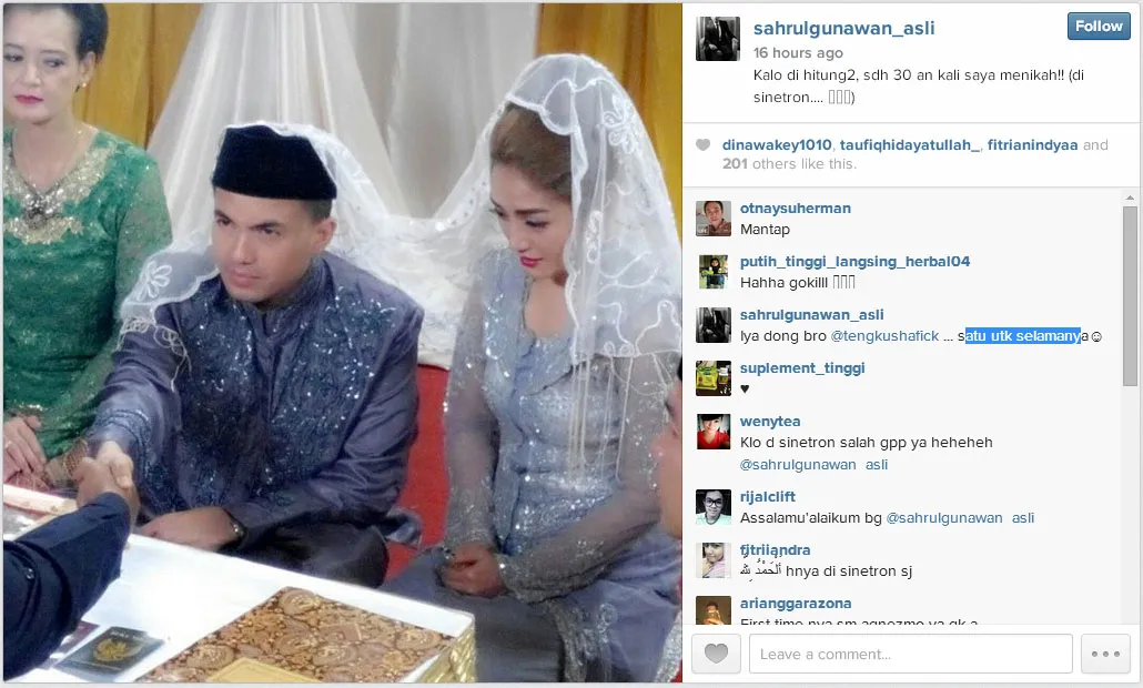 Sudah lebih dari 30 kali Sahrul Gunawan menjalani adegan pernikahan di sinetron. ©sahrulgunawan_asli