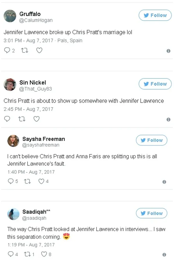 Netizens salahkan J-Law atas perceraian Chris Pratt dan Anna Faris © Twitter.com