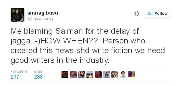 Anurag Basu membantah kabar jika Salman penyebab syuting filmnya tertunda © Twitter.com/basuanurag
