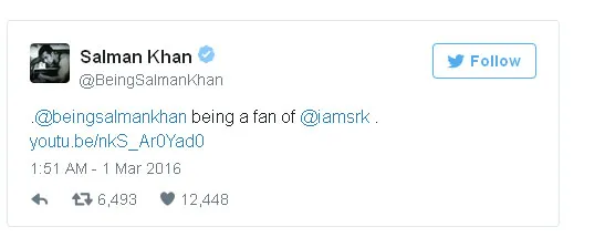 Salman langsung ngefans SRK usai nonton filmnya © Twitter.com/beingsalmankhan