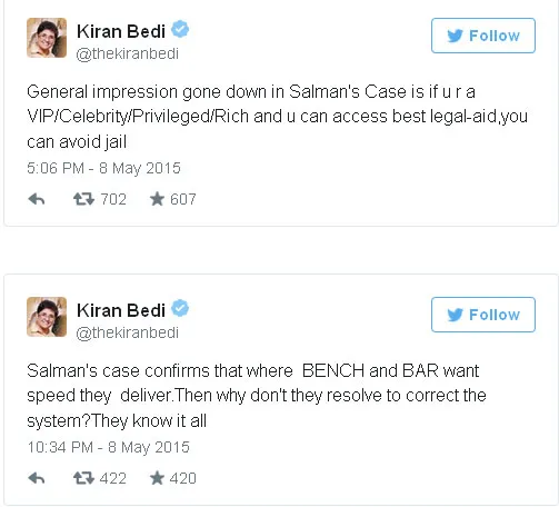 Ini dia kicauan Kiran Bedi yang mengkritisi kebebasan sementara Salman Khan @twitter.com/thekiranbedi