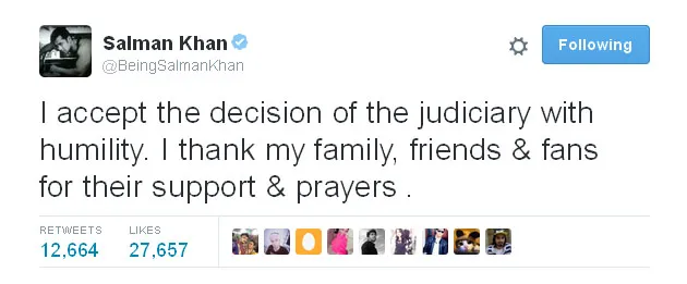 Ini reaksi Salman Khan dalam kicauannya di Twitter © Twitter.com/BeingSalmanKhan