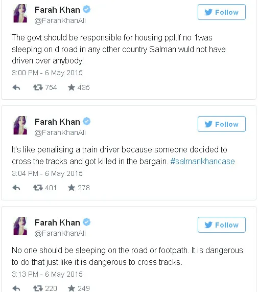 Ini beberapa kicauan Farah Khan Ali sebagai sahabat Salman Khan yang tak terima dan menyalahkan tunawisma @twitter.com/FarahAliKhan
