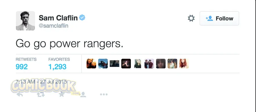 Tweet Sam Claflin tentang Power Rangers yang sudah dihapus © comicbook.com