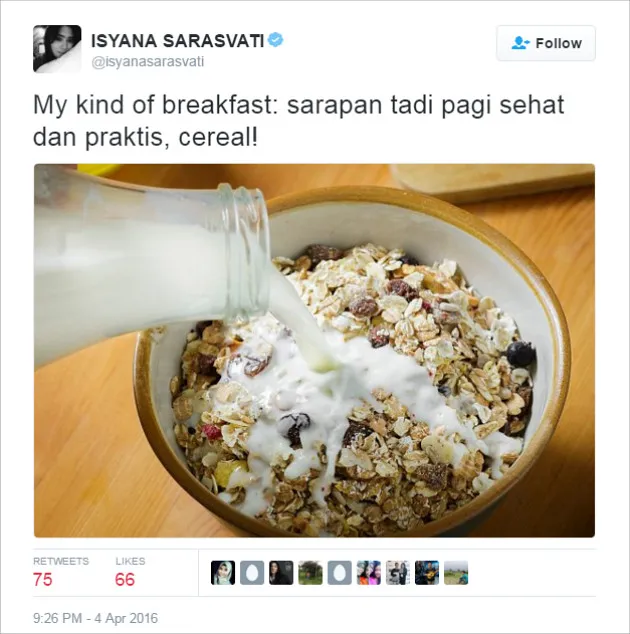 Postingan menu sarapan Isyana yang bikin heboh netizen © Twitter.com/isyanasarasvati