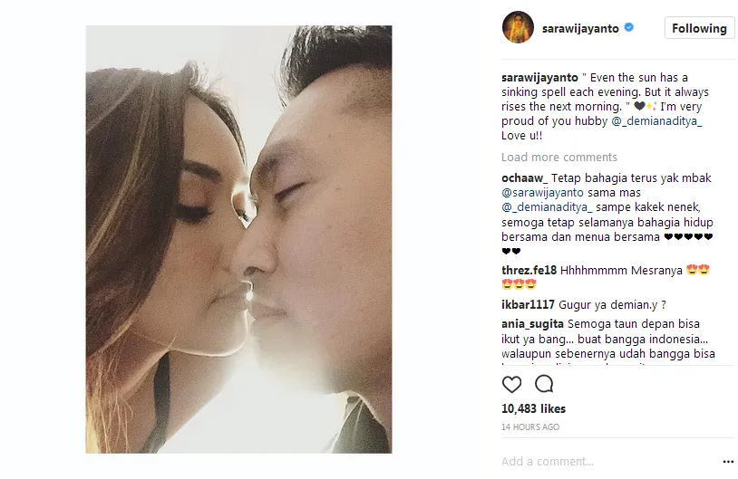 Dukungan penyemangat Sara untuk Demian © Instagram/sarawijayanto