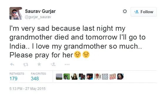 Saurav sangat kehilangan nenek yang ia cintai. @twitter/gurjar_saurav