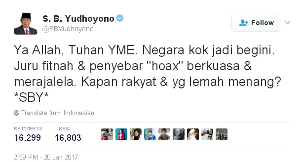 Susilo Bambang Yudhoyono adalah salah satu negarawan yang aktif dalam menggunakan sosial media, terutama Twitter © Twitter.com/SBYudhoyono