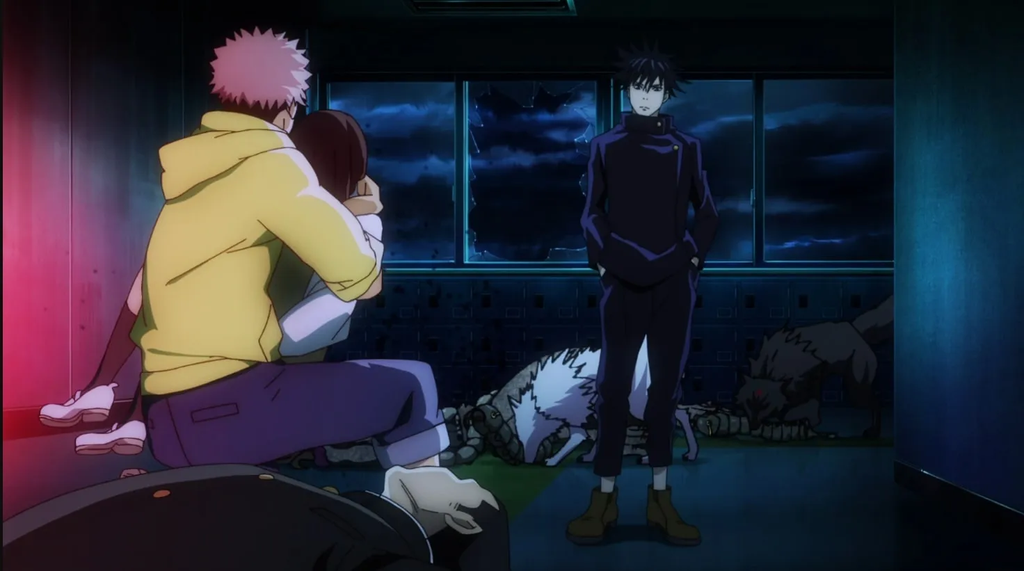 Yuji Itadori bertemu dengan Megumi Fushiguro saat malam hari menyelinap ke sekolah. 