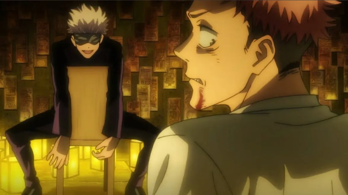 Gojo mengintrogasi Yuji yang telah menelan jari Sukuna. 