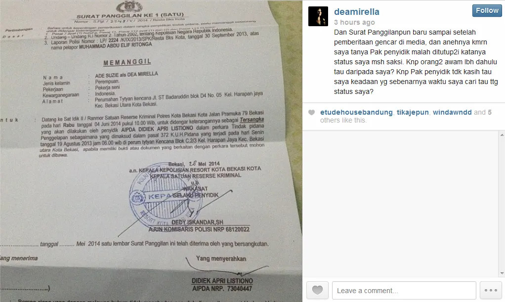 Surat panggilan yang datang terlambat. @instagram.com/deamirella