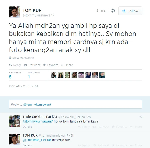 Tommy berharap memory hp-nya kembali. @twitter.com/tommykurniawan7