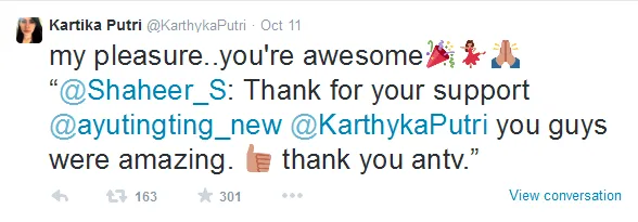 Shaheer ucapkan terima kasih kepada Ayu dan Kartika. @twitter.com/KarthykaPutri