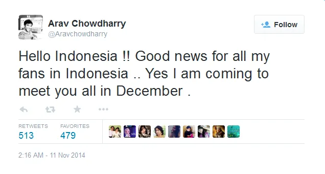 Arav juga akan datang ke Indonesia. @twitter.com/aravchowdarry