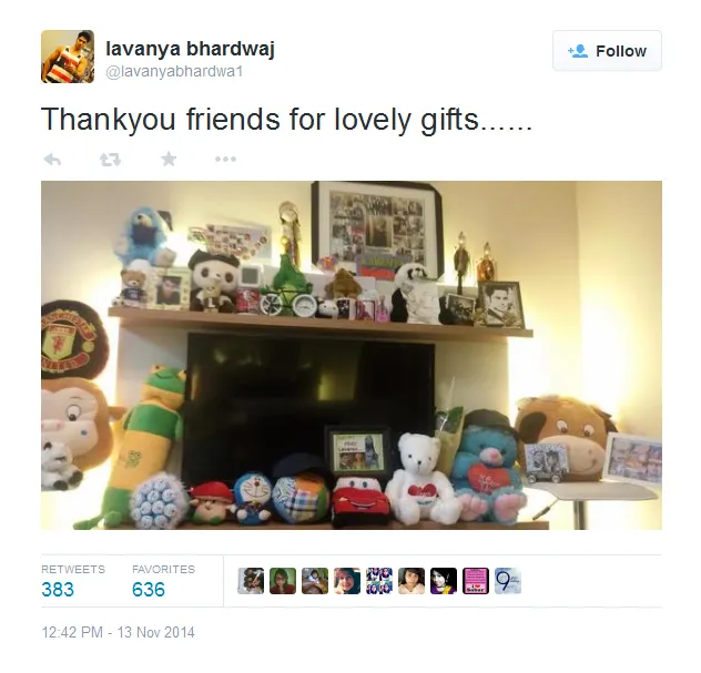 Lavanya berterima kasih atas banyaknya kado yang ia terima. @twitter.com/lavanyabhardwa1