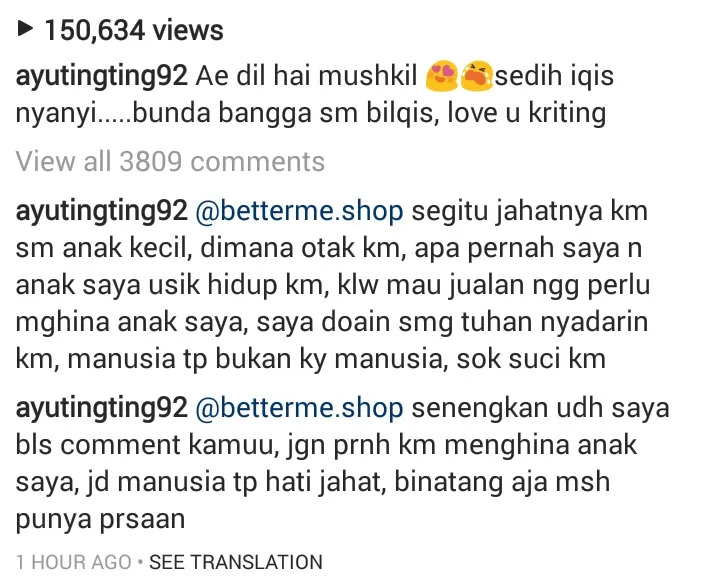 Ayu membalas komen haters soal anaknya © instagram.com/ayutingting92