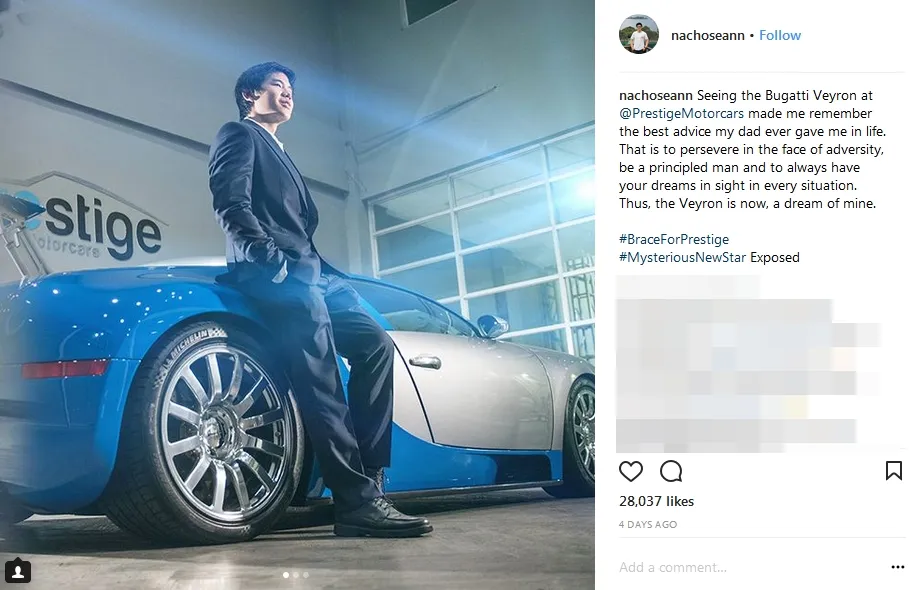 Gaya Sean di depan mobil Bugatti ©instagram/nachoseann