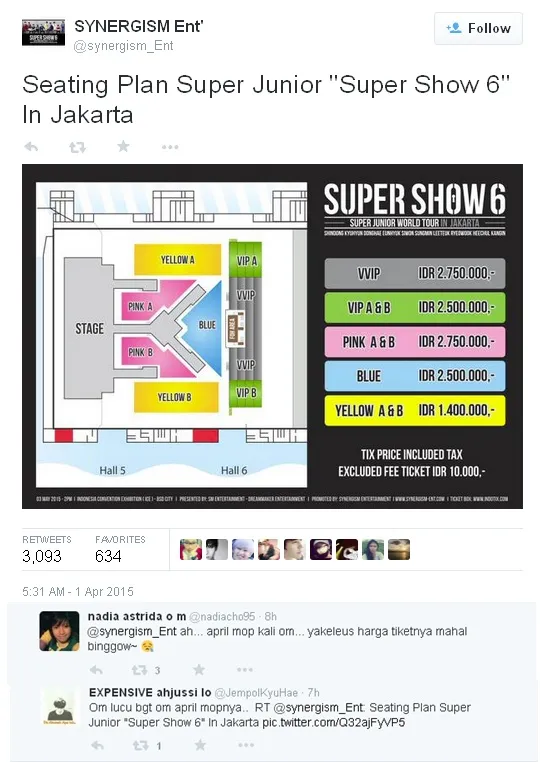 Seatplan dan harga tiket Super Show 6 Jakarta serta beberapa reaksi lucu dari fans © twitter.com/synergism_ent